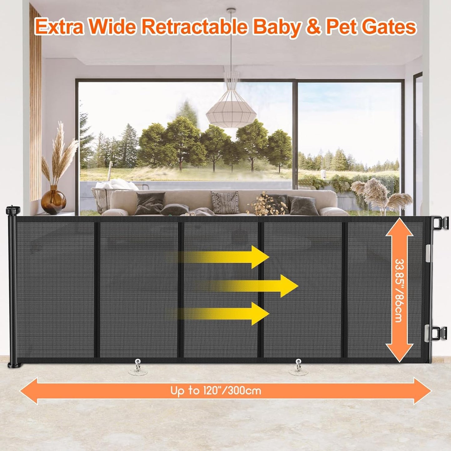 Upgrade 120 inch Retractable Baby Gates, EZIGO Extra Wide Baby Gate for Large Opening Extra Long Mesh Gate for Kids or Pet Dog Gate Child Safety Gate for Stairs Hallways Doorway Indoor Outdoor, Gray