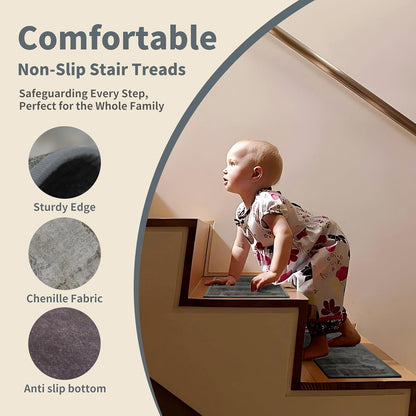 Non-Slip Stair Treads for Wooden Steps 15pcs,8"x30" Stair Carpet Treads for Indoor Use,Peel and Stick Stair Runners,Washable Reusable Adhesive Backing,Pet-Friendly Stair Capet for Kids,Elders,Dogs