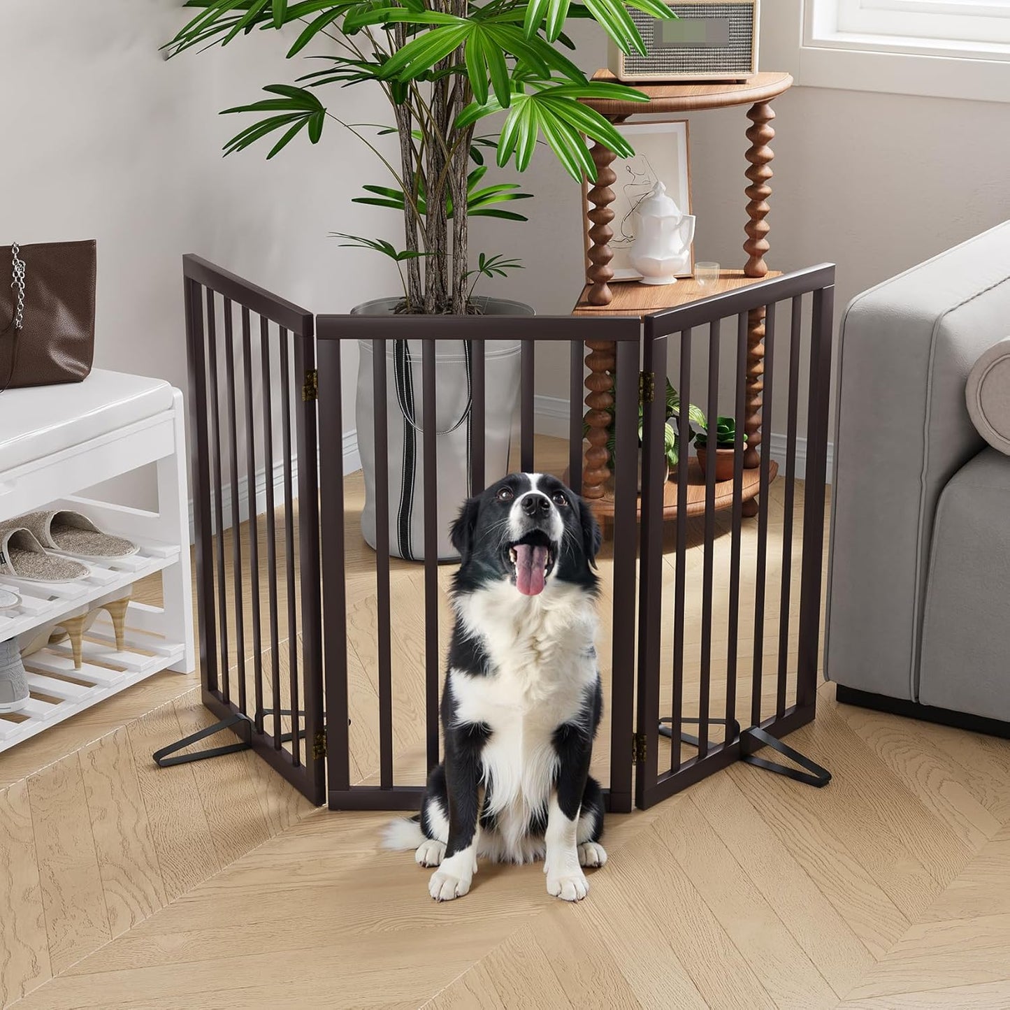 Freestanding Dog Gates Indoor, 3-Panel Pet Gates with 2 Metal Stands and 360° Hinge, 24" H Foldable Dog Gate for Stairs, Doorway, Kitchen, Expands Up to 55" Fully Assembled - Black Walnut