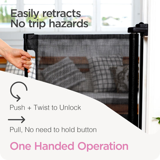 Retractable Baby Gate for Stairs and Doorways, 71" Extra Wide x 33" Tall Mesh Safety Gate, Indoor & Outdoor Child and Pet Gate, One-Hand Operation, Hardware Mounted, Black