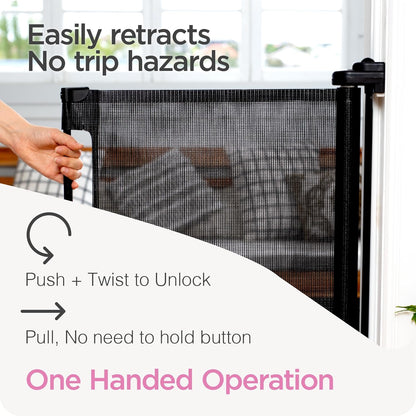Retractable Baby Gate Perma Child Safety 33" Tall x 55” Wide, Mesh, for Stairs, Doorways, Dogs, Pets, Indoor, Outdoor, One-Handed Operation, Locking, Easy Install, Hardware Mount, Black
