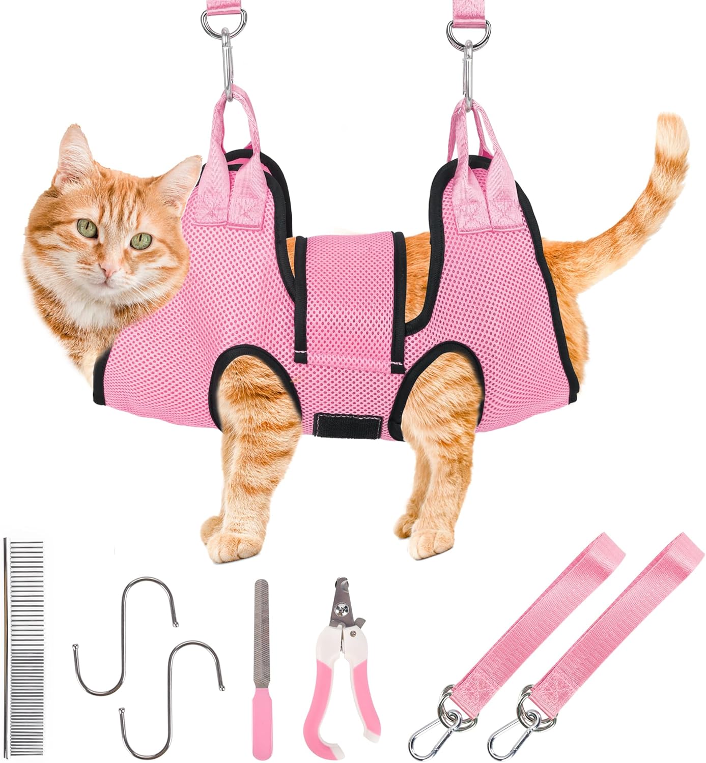 PatiencET Dog Grooming Hammock, Pet Grooming Hammock for Cats & Dogs with Security Strap, Dog Sling for Nail Trimming with Nail Clippers/Trimmer, Nail File, Pet Comb(Pink S)