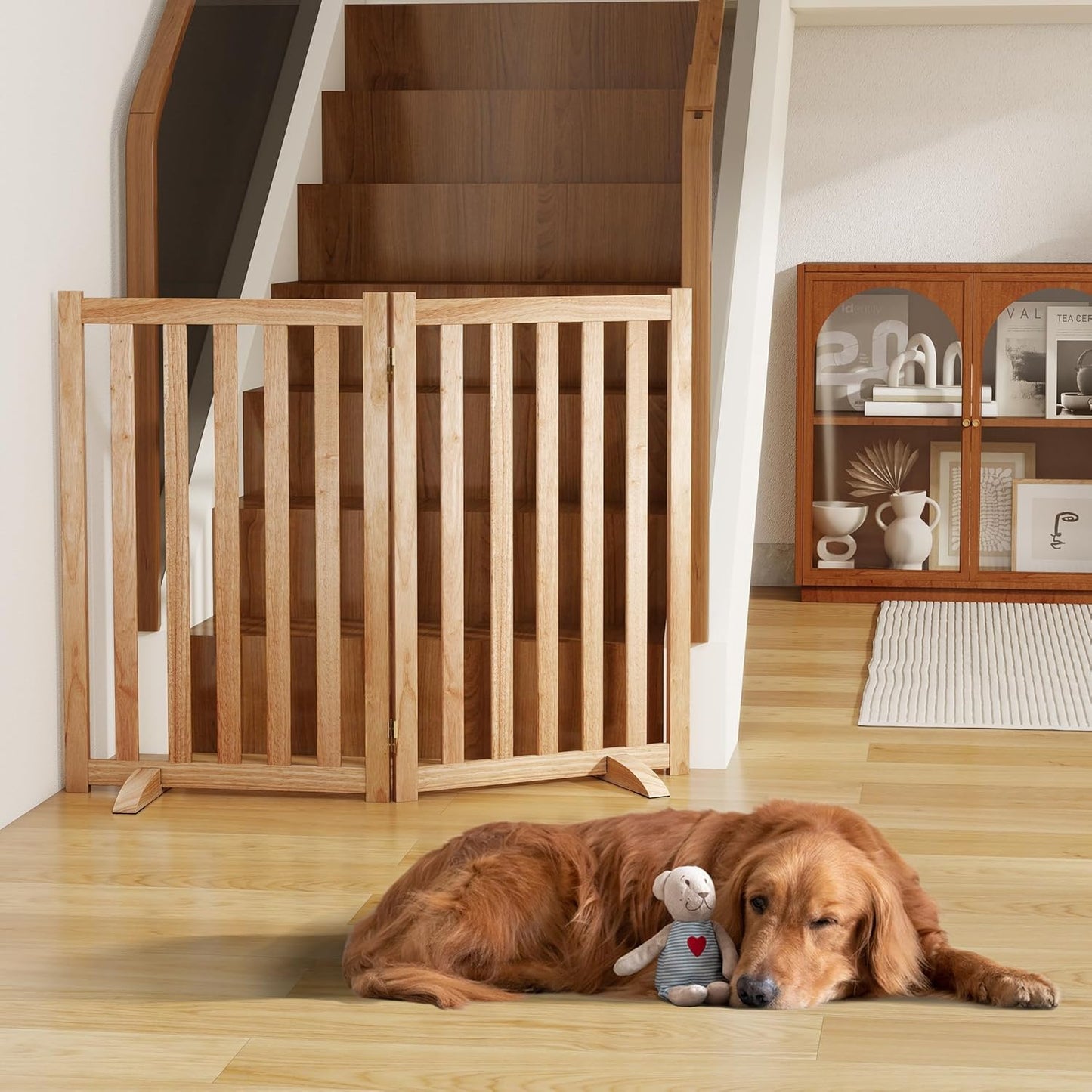 36" Height Extra Tall Freestanding Pet Gate, Solid Wood Folding Safety Fence Wooden Dog Gate with 2 PCs Support Feet Ideal for Stairs, Doorways, Halls, Kitchens, Heavy Duty Gates, 3 Panels, Oak