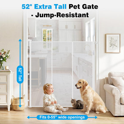 Reinforced 52" Extra Tall Dog Gate for Doorway, Jump-Resistant & Prevent Crawling Underneath Retractable Dog Gates Indoor, 0-55" W Retractable Baby Gate for Doorway, Safety Extra Tall Cat Gate, White