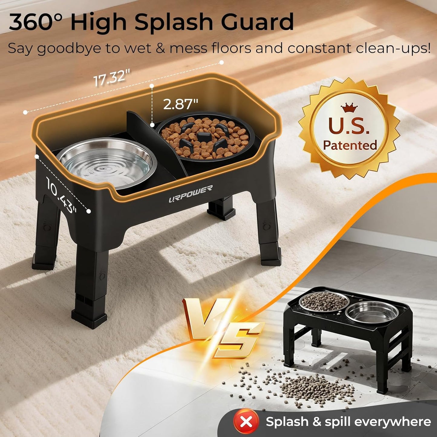 URPOWER 3-in-1 Elevated Dog Bowls - Mess Proof Double Deck 4 Height Adjustable Raised Stand with 2 Stainless Steel Food Bowls & Licking Plate for Small, Medium & Large Dogs