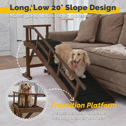 Dog Ramp for Bed or Couch, Wooden Pet Ramp with 20° Gentle Slope, Removable Side Rails, Non-Slip Surface, Top Platform & Wheels, Safe Bed Ramp for Small, Large & Senior Dogs, 60" Long, Mahogany