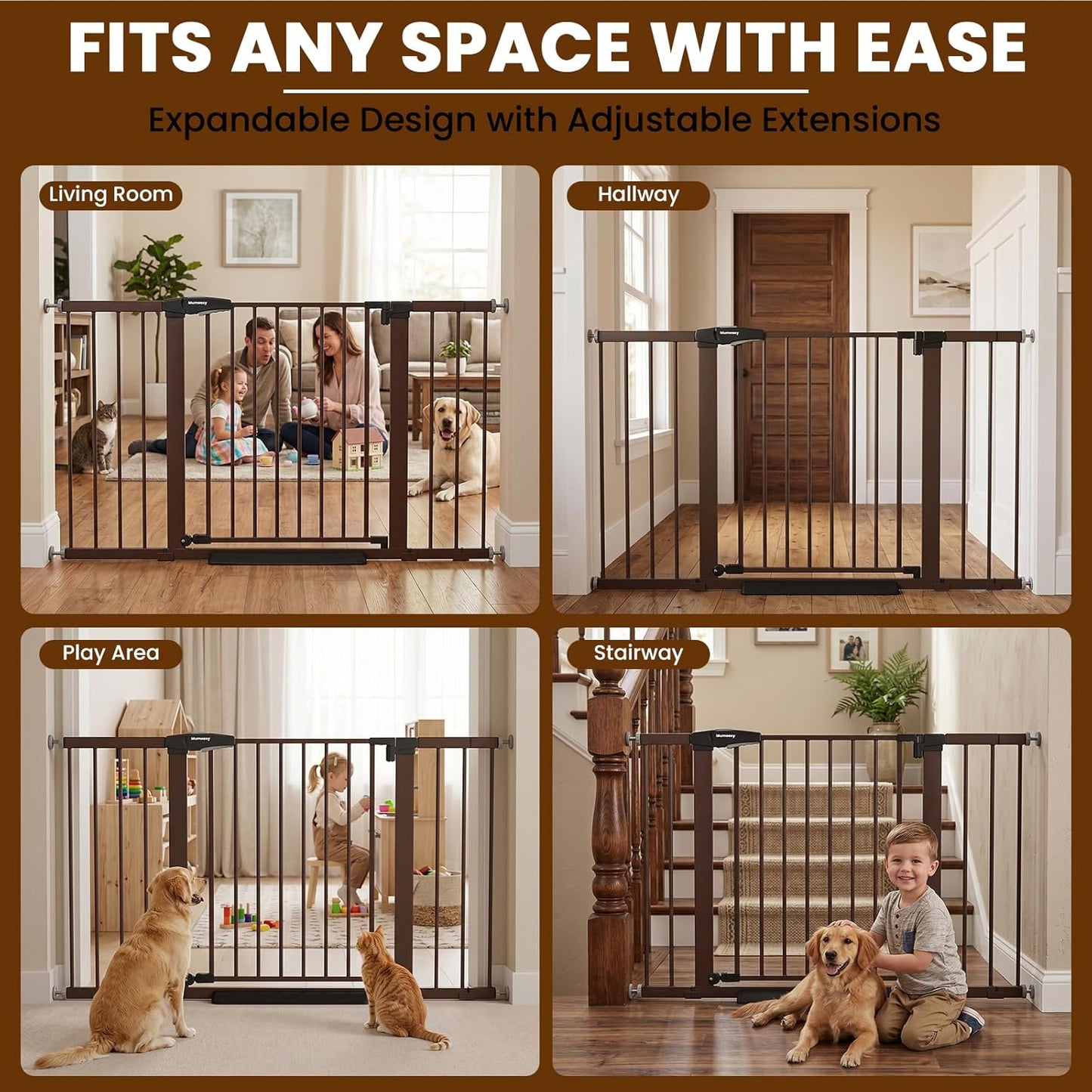 Mumeasy Baby Gate Extra Wide, 29.7-51'' Pressure Mounted Dog Gate with Walk Thru Door, Auto Close Pet Gate for House, Stairs, Doorways,Black