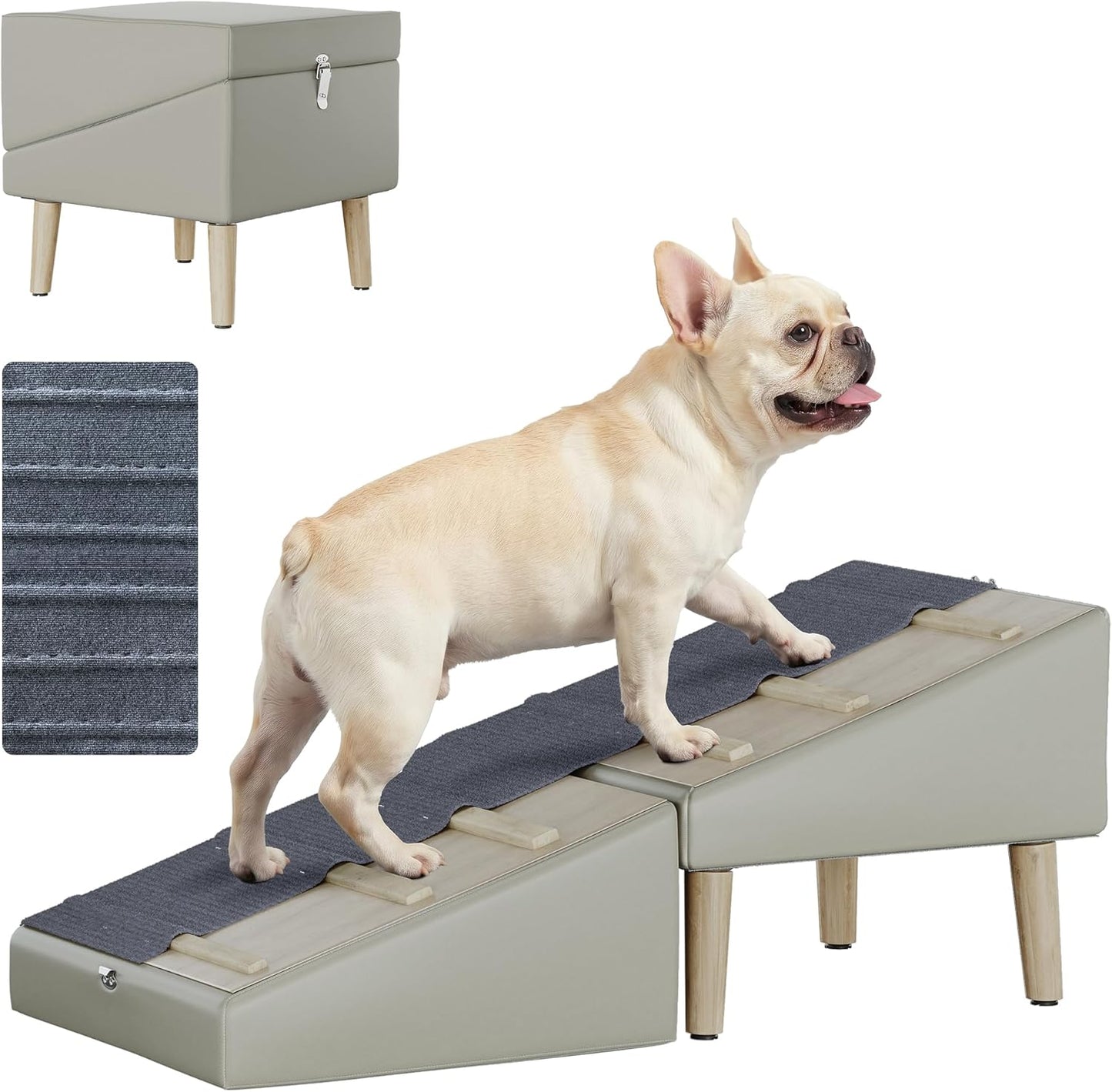 2 in 1 Ottoman Dog Ramp, Split Pet Stairs Footstool for Couch, Folding Dog Ramp Stool with 6 Anti Slip Wooden Rails, Fabric Surface, 4 Leveling Feet, 150 lb Capacity, Easy Clean Faux Leather