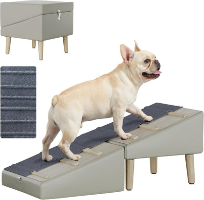 2 in 1 Ottoman Dog Ramp, Split Pet Stairs Footstool for Couch, Folding Dog Ramp Stool with 6 Anti Slip Wooden Rails, Fabric Surface, 4 Leveling Feet, 150 lb Capacity, Easy Clean Faux Leather