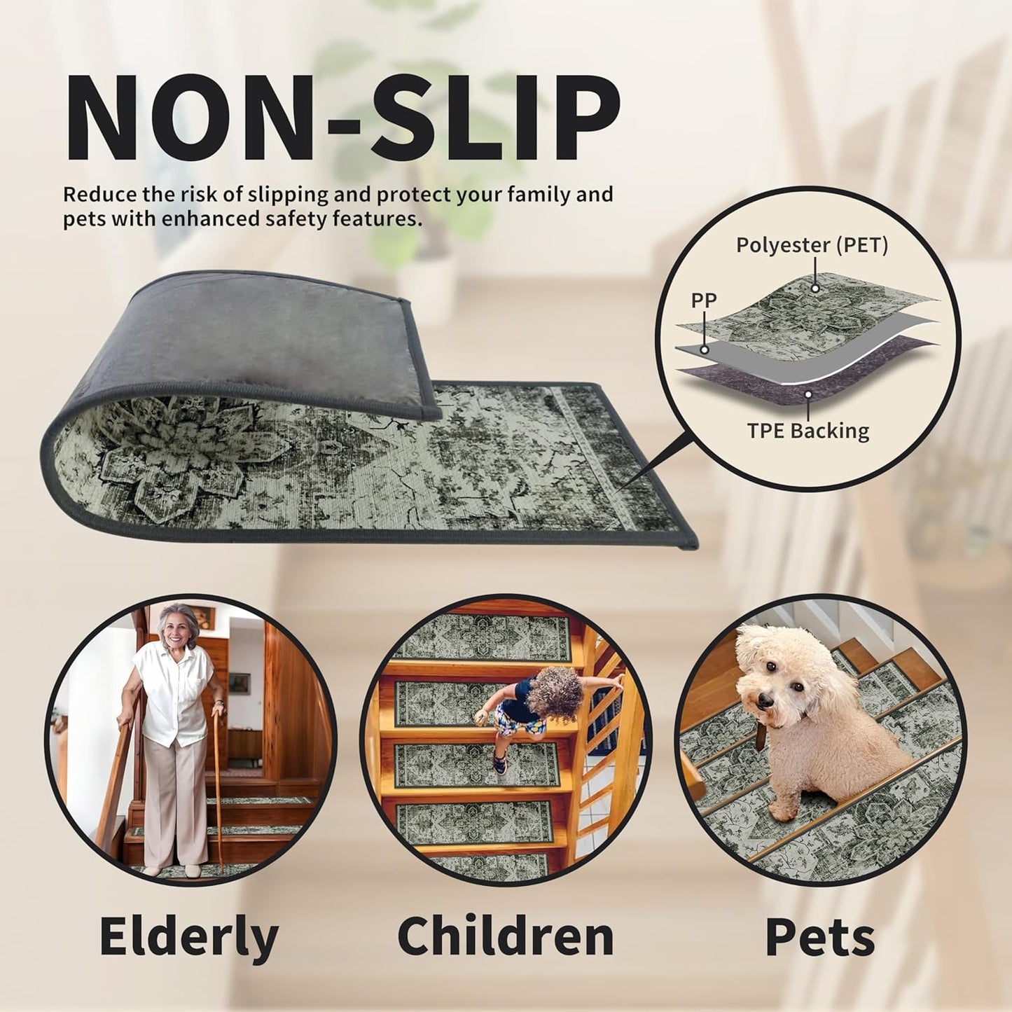 Non-Slip Stair Treads for Wooden Steps 15pcs,8"x30" Stair Carpet Treads for Indoor Use,Peel and Stick Stair Runners,Washable Reusable Adhesive Backing,Pet-Friendly Stair Capet for Kids,Elders,Dogs
