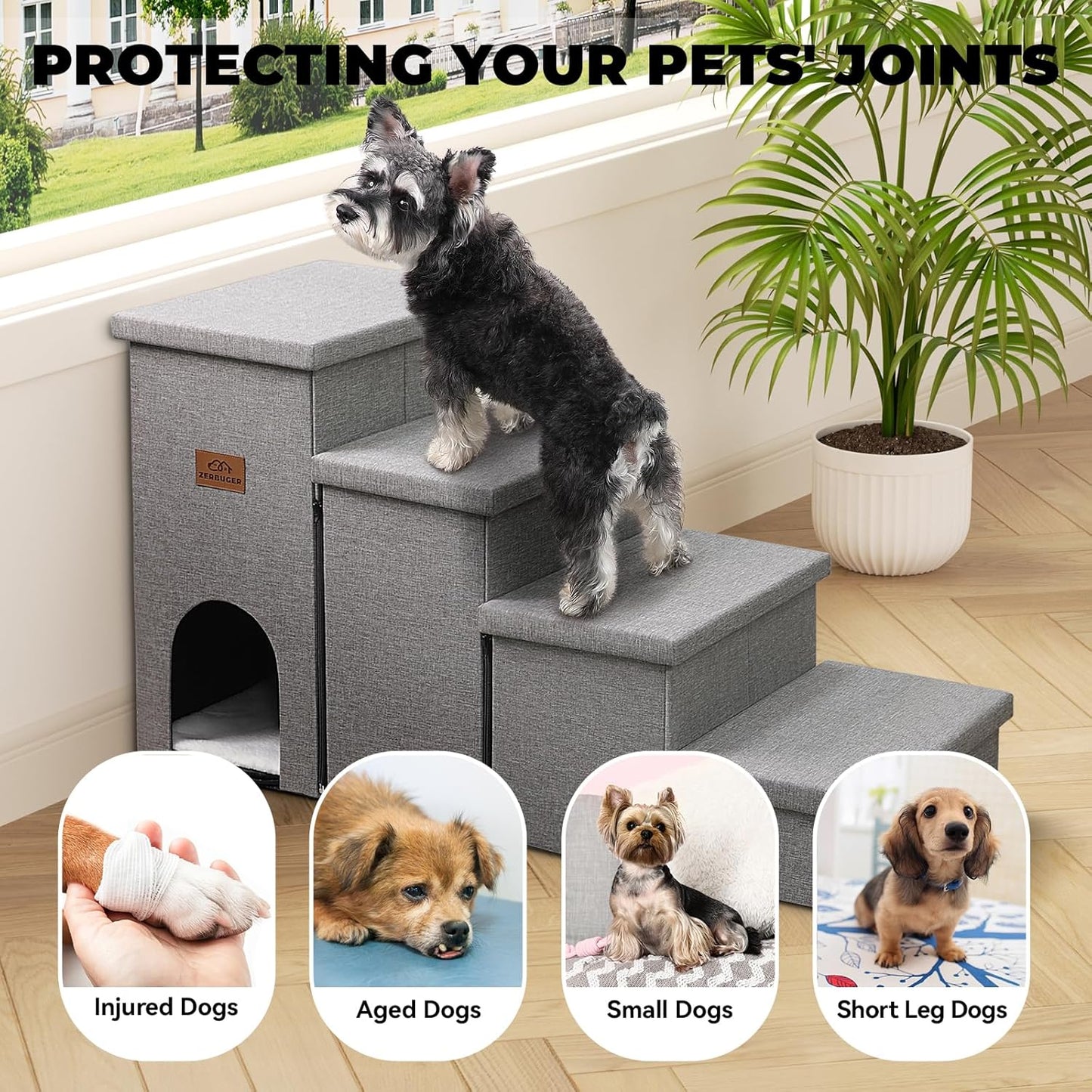 Zerbuger Wider Dog Ramp for High Bed with Storage 18" H, Foldable Dog Stairs for Small Medium Large Older Senior Animal, Sturdy Dog Step for Climbing Bed or Couch, Arthritis-Friendly (Gray, No Condo)