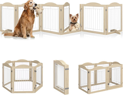Vantas Espresso Wooden Folding Dog Gate 144" Wide x 30" Tall with Door, Freestanding Pet Gate, Pet Puppy Safety Fence