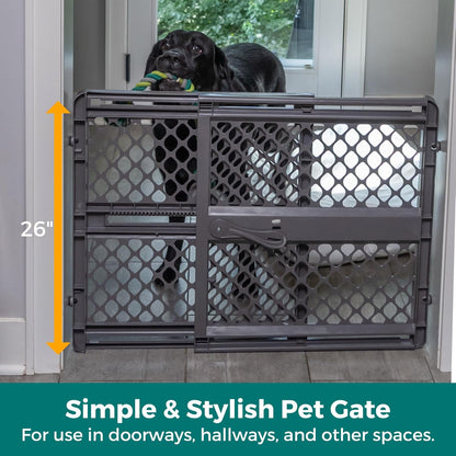 MYPET Essential Petgate: 26-42" Wide Expandable, Pressure Mounted No Tools Needed, Durable Dog Gate for Doorways, Made in USA, 26" Tall, Fieldstone Gray