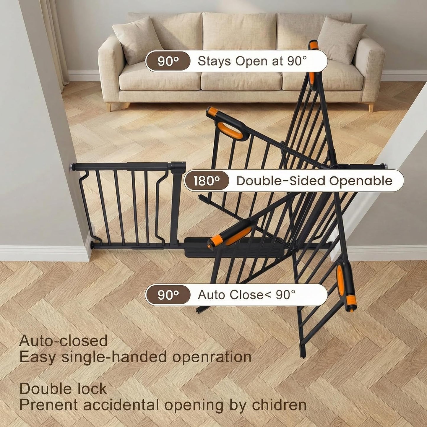 Baby Gates Extra Wide for Doorways 90.6-95.2 Inch Extra Wide Pressure Mounted Baby Dog Gate for the House Indoor Large Openning Metal Safety Gate No Drilling with Walk-Through Door,Black