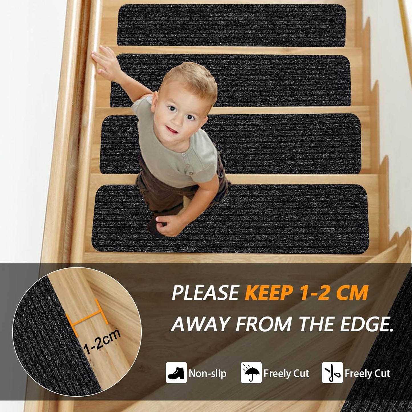 Stair Treads for Wooden Steps Carpet, Non-Slip Stair Runner Indoor Outdoor Stair Tread Mats Covers Pads, 19" x 31"Matching Landing Step Runner for Elders, Kids and Dogs (19" x 31", Black)