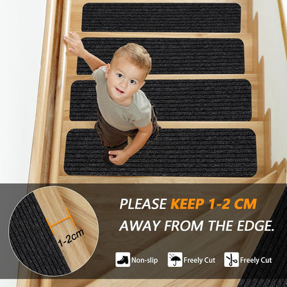 Stair Treads for Wooden Steps Carpet, Non-Slip Stair Runner Indoor Outdoor Stair Tread Mats Covers Pads, 19" x 31"Matching Landing Step Runner for Elders, Kids and Dogs (19" x 31", Black)