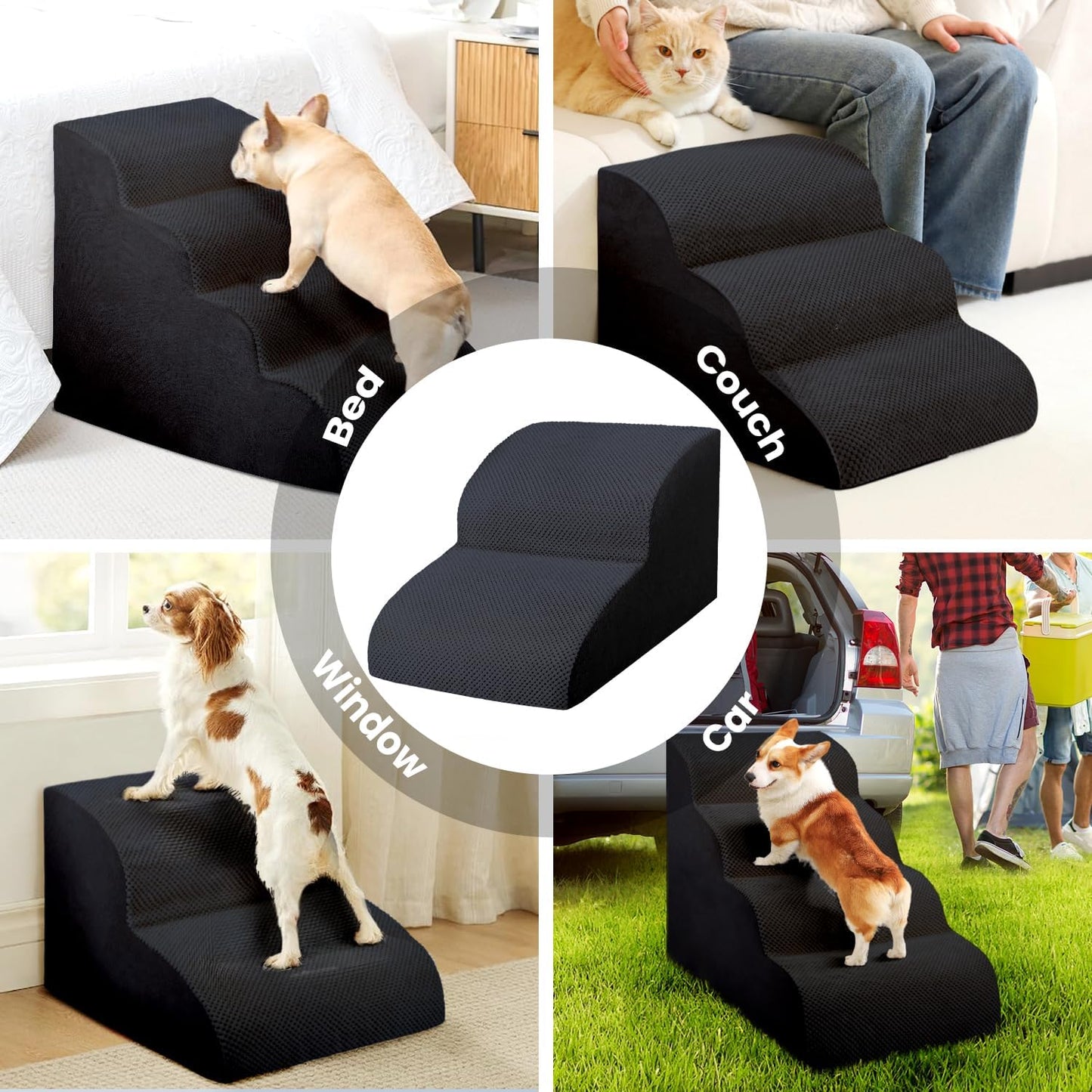 Dog Stairs for Small Dogs, 3 Tiers High Density Foam Dog Ramp, Extra Wide Non-Slip Pet Steps for High Beds Or Couch, Soft Foam Doggie Ladder for Dogs Injured, Older Pets, Small Cats