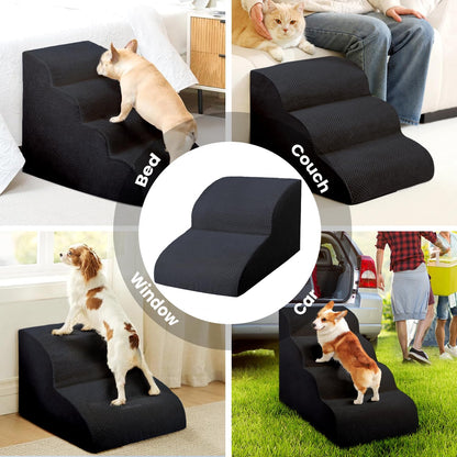Dog Stairs for Small Dogs, 3 Tiers High Density Foam Dog Ramp, Extra Wide Non-Slip Pet Steps for High Beds Or Couch, Soft Foam Doggie Ladder for Dogs Injured, Older Pets, Small Cats