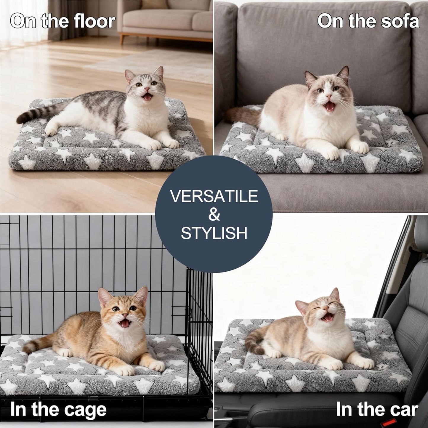 Dog Bed Mat, Reversible Crate Pad & Cute Dog Bed - Machine Washable Kennel Mat with Ultra Soft for Small Dogs (Cool/Warm), 24" x 18", Grey&Star