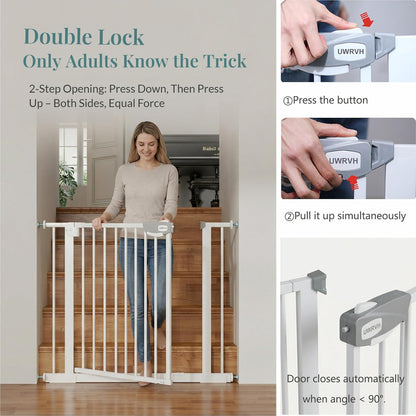 Safety Gate for Stairs & Doorways, Auto-Close Baby Gate or Dog Gate – Pressure Mount No Drilling, 30" Tall All Metal Frame with Dual Locking System (White, 30" Tall 29"-33" Wide)