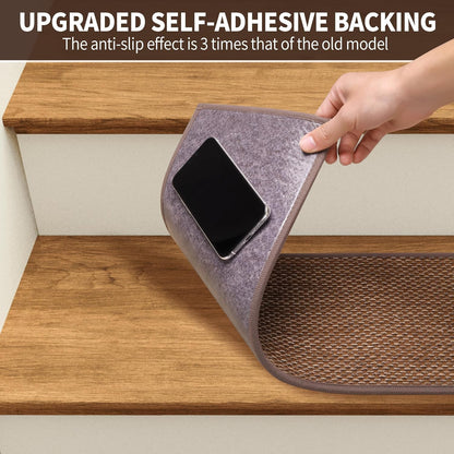 GROWLING Linen Stair Treads for Wooden Steps Indoor 30x8 inch, 15pcs Upgraded Self Adhesive Backing Non Slip Stair Carpets, Peel and Stick Stair Runner Rugs, Reusable Staircase Step Treads(Brown)