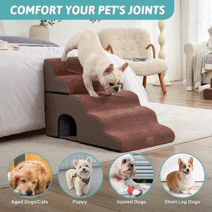 COZY KISS Extra Wide Dog Stairs with Tunnel, Foam Detachable Large Dog Step for Small Pet, Puppy or Cats, Medium Pet Ramp for High Bed, Couch, Sofa or Car, 19.7x33x22.4 inch, 5 Step, Beige