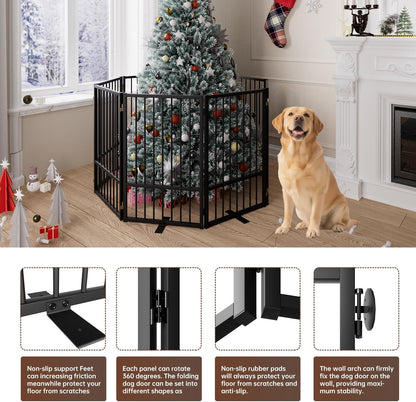 4 Panels Full Metal Freestanding Dog Gates with Door, 80” W x 32” H Folding Pet Gate Fence with Support Feet for Indoor,Stairs, Hallways and Doorways(Black)