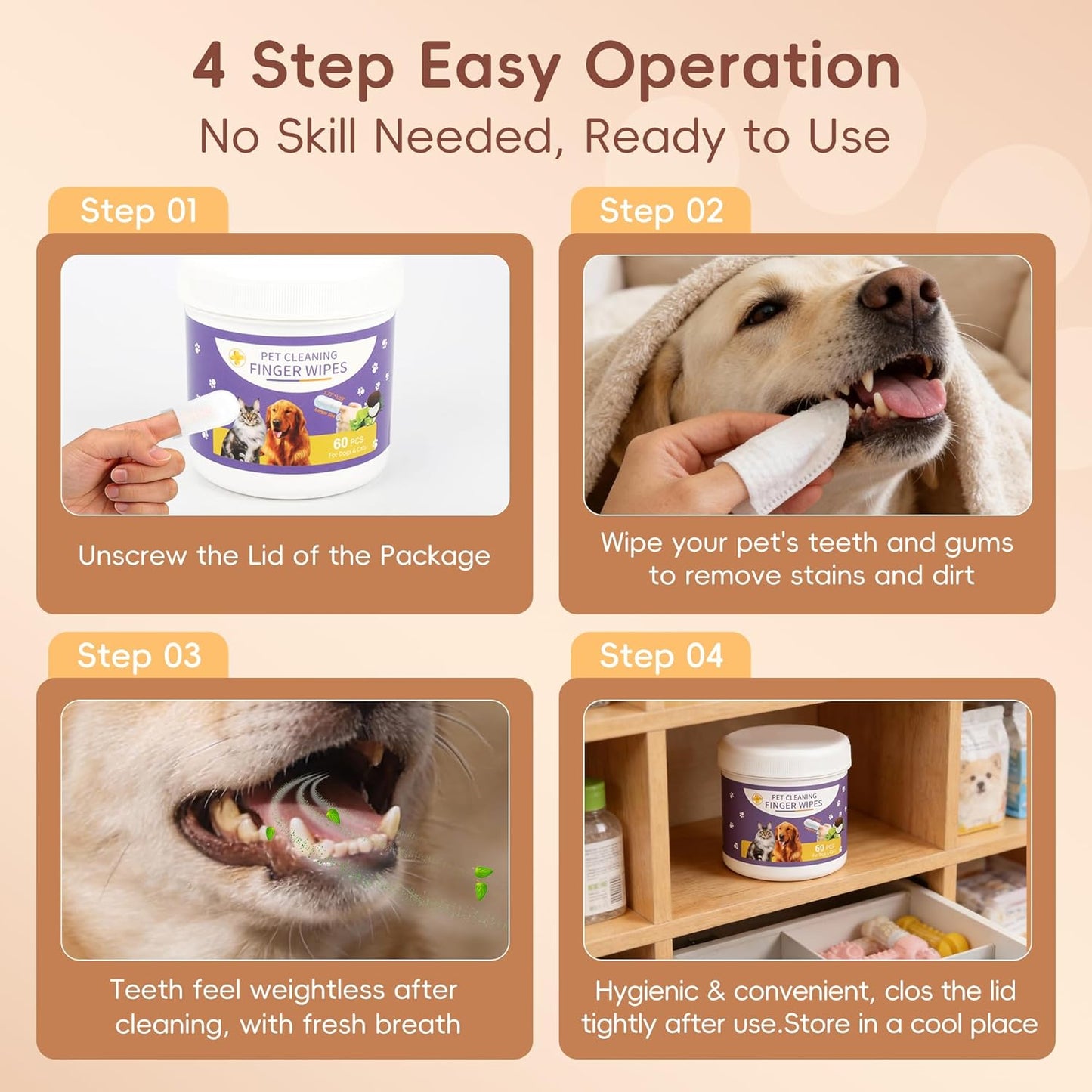 Dog Teeth Cleaning Wipes, 60 Pcs Pet Dental Cleaning Finger Wipes Tooth Brushing Kit for Dogs Cats Plaque Tartar Remove, Dog Healthy Mouth Toothbrush Finger Wipe for Pets Oral Care, Coconut Oil