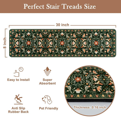 OJIA Floral Stair Treads Non-Slip Stair Runner for Wooden Steps Indoor 15PCS 30"x8" Carpet Stair Treads Stair Mats Staircase Step Treads for Kids, Elders and Dogs, Stair Covers, Black