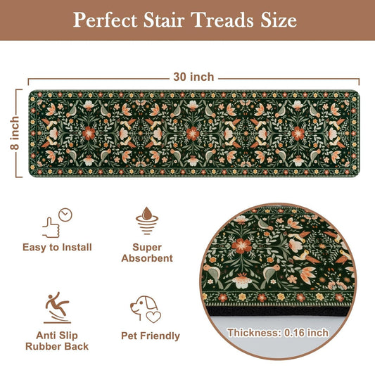 OJIA Floral Stair Treads Non-Slip Stair Runner for Wooden Steps Indoor 15PCS 30"x8" Carpet Stair Treads Stair Mats Staircase Step Treads for Kids, Elders and Dogs, Stair Covers, Black
