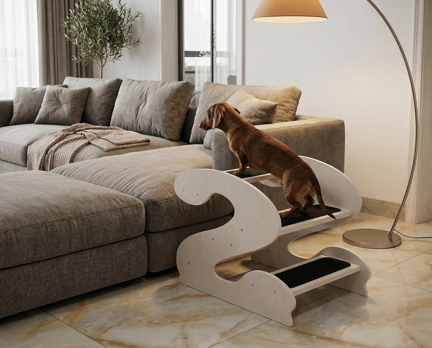 Wooden Dog Stairs Steps for Bed,3Steps,Small or Senior Dogs for Pet LUNDERLAND Design,16¾"Wx23¼Dx19⅜H RedWalnutWood GrainPattern