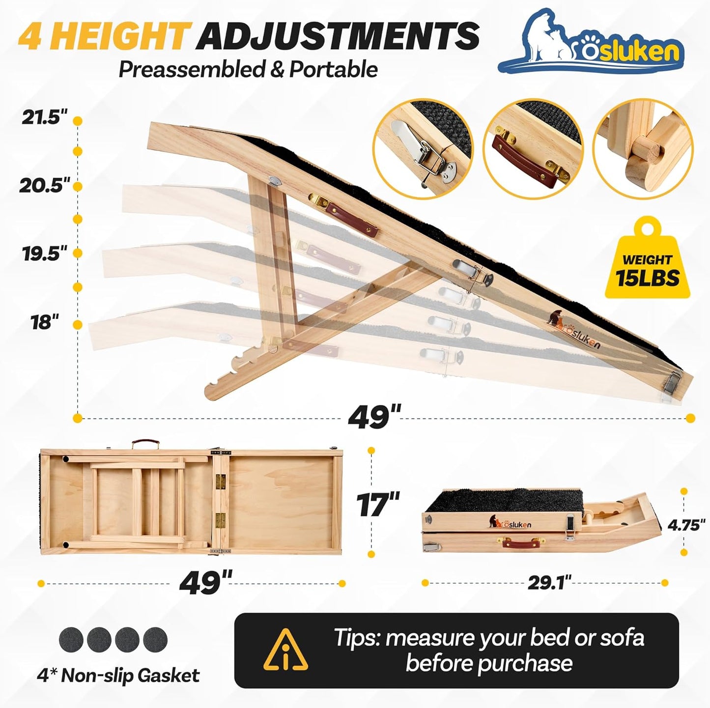 𝟐𝟎𝟐𝟔 𝐔𝐩𝐠𝐫𝐚𝐝𝐞𝐝 Dog Ramp for Bed, 64" Long Foldable Pet Ramp for Small Large Dogs, Dog Ramps for High Beds Car, High Traction with Platform 6 Adjustable Heights 24" to 30" Up to 220LBS Black