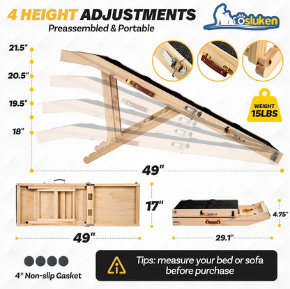 𝟐𝟎𝟐𝟔 𝐔𝐩𝐠𝐫𝐚𝐝𝐞𝐝 Dog Ramp for Bed, 64" Long Foldable Pet Ramp for Small Large Dogs, Dog Ramps for High Beds Car, High Traction with Platform 6 Adjustable Heights 24" to 30" Up to 220LBS Black