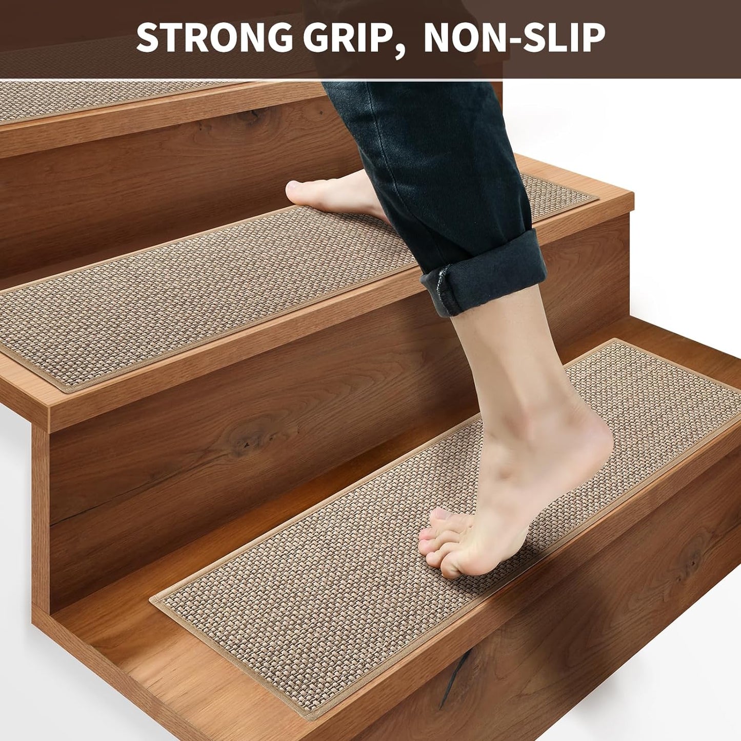 GROWLING Linen Stair Treads for Wooden Steps Indoor 30x8 inch, 15pcs Upgraded Self Adhesive Backing Non Slip Stair Carpets, Peel and Stick Stair Runner Rugs, Reusable Staircase Step Treads(Brown)
