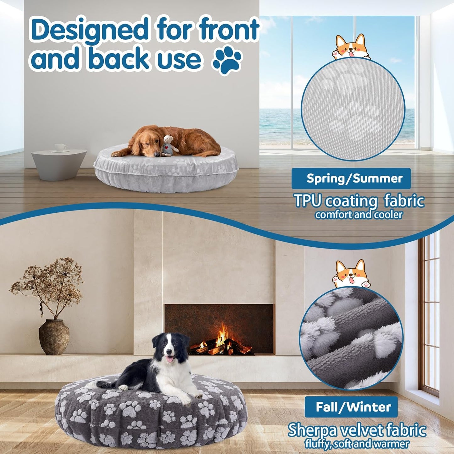BALAPET Washable Dog Bed Covers Replacement Round Waterproof Bed Cover for Dog Soft Pet Bed Cover with Lovely Dog Paw Print and Double-Sided Usable Design,Cover Only(Dark Gray,45 * 45 * 11in)