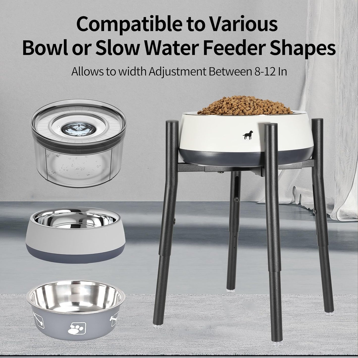 PROERR Raised Single Dog Bowl Stand, Adjustable 12-16" Tall, Elevated Dogs Food Bowl Stand for 8-12" Wide Bowls, Dog Bowl Holder for Medium Large - Metal Pets Dish Holder Only - Black