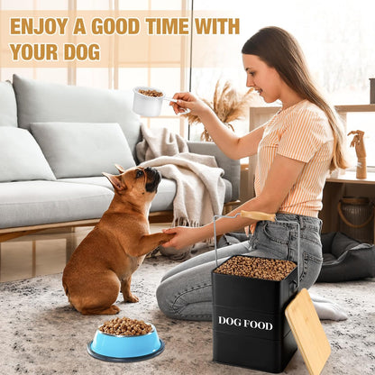 Tioncy 2 Pcs Metal Dog Food Storage Containers Total 10-14 Lbs (50 Cup) Capacity, Airtight Pet Food Canister with Bamboo Lids Scoop DIY Labels Dog Treat Storage Jars for Kitchen Counter(White)
