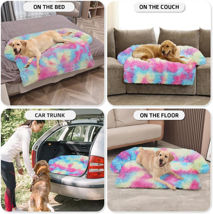 Calming Dog Bed Fluffy Plush Dog Mat for Furniture Protector with Removable Washable Cover for Large Medium Small Dogs and Cats (Large, Light Grey)