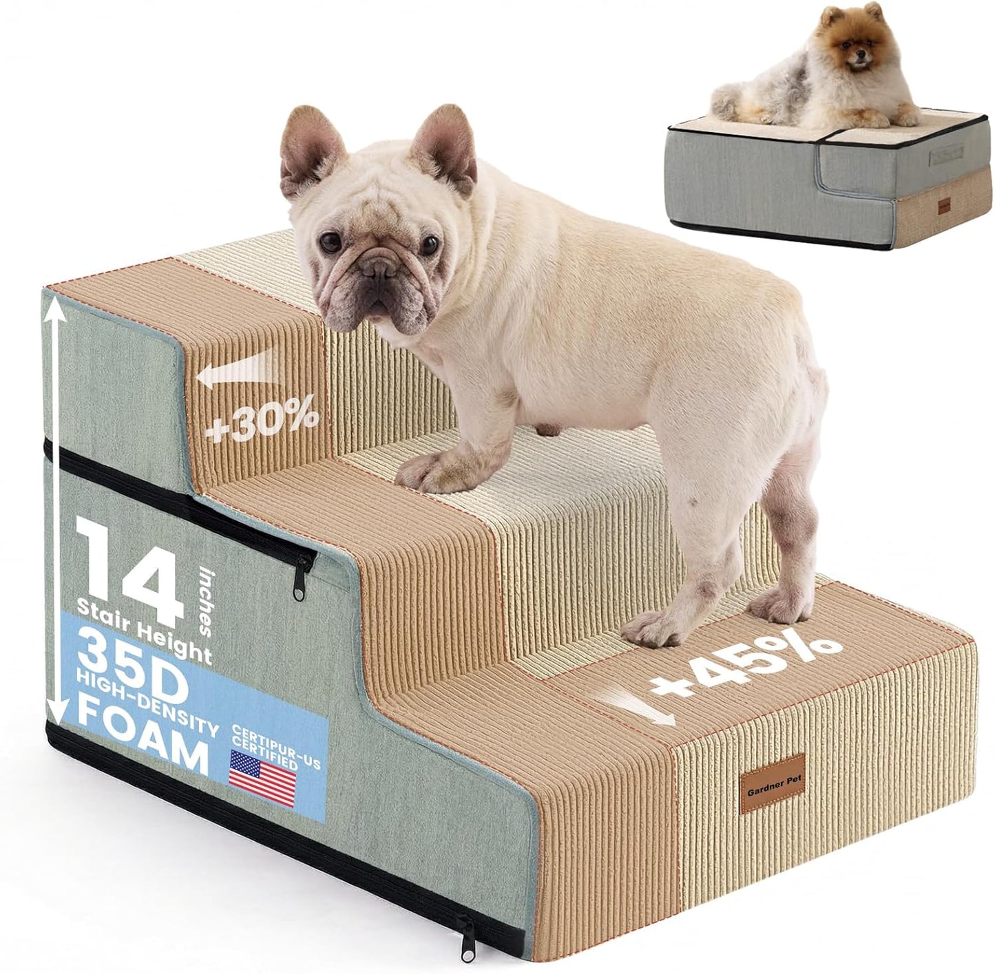 Gardner Pet Dog Stairs for Small Dogs 18.5" H, 4-Step Extra Wide Dog Steps for Bed, Pet Stairs for Bed and Couch with Durable Non-Slip Waterproof Fabric Cover and Soft Foam, Navy
