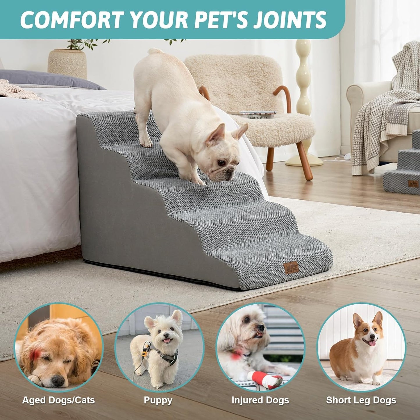 COZY KISS Extra Wide Dog Stairs with Tunnel, Foam Detachable Large Dog Step for Small Pet, Puppy or Cats, Medium Pet Ramp for High Bed, Couch, Sofa or Car, 19.7x33x22.4 inch, 5 Step, Beige