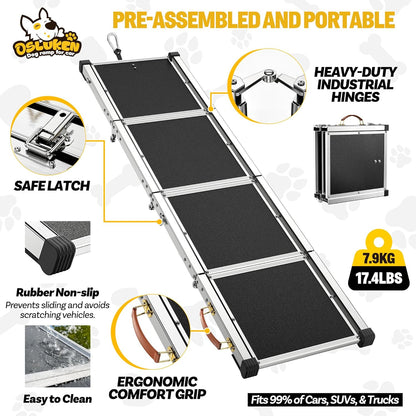 71" Aluminum Alloy Dog Ramp for Car SUV Truck Side Door, Foldable Outdoor Pet Ramp with Heavy Duty Steel Hinges, Non-Slip Traction Surface, Sturdy Ramp for Large Dogs Up to 200 LBS