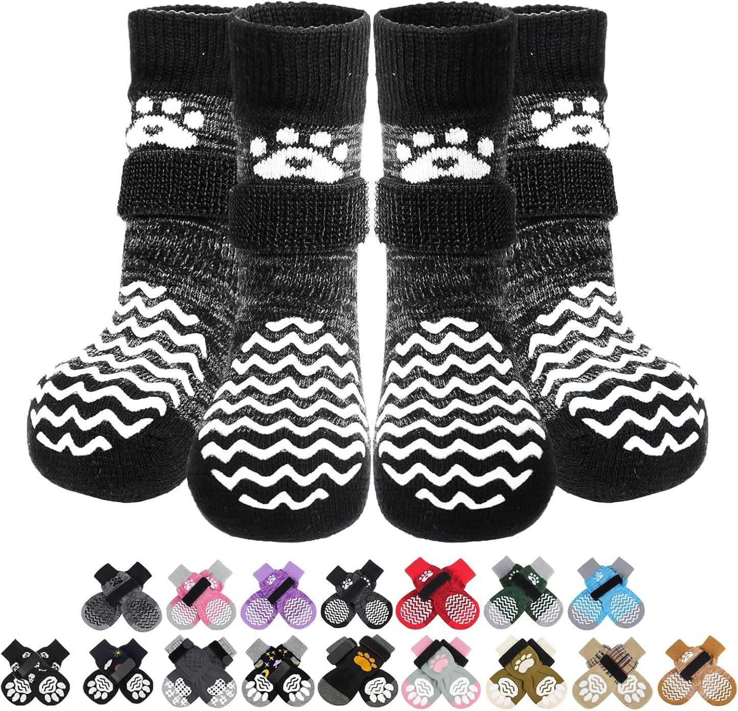 PUPTECK Anti Slip Dog Socks with Double Grippers for Hardwood Floors, Shoes for Hot/Cold Pavement, Boots & Paws Protectors to Prevent Licking, Traction Booties for Senior Small Large Dogs