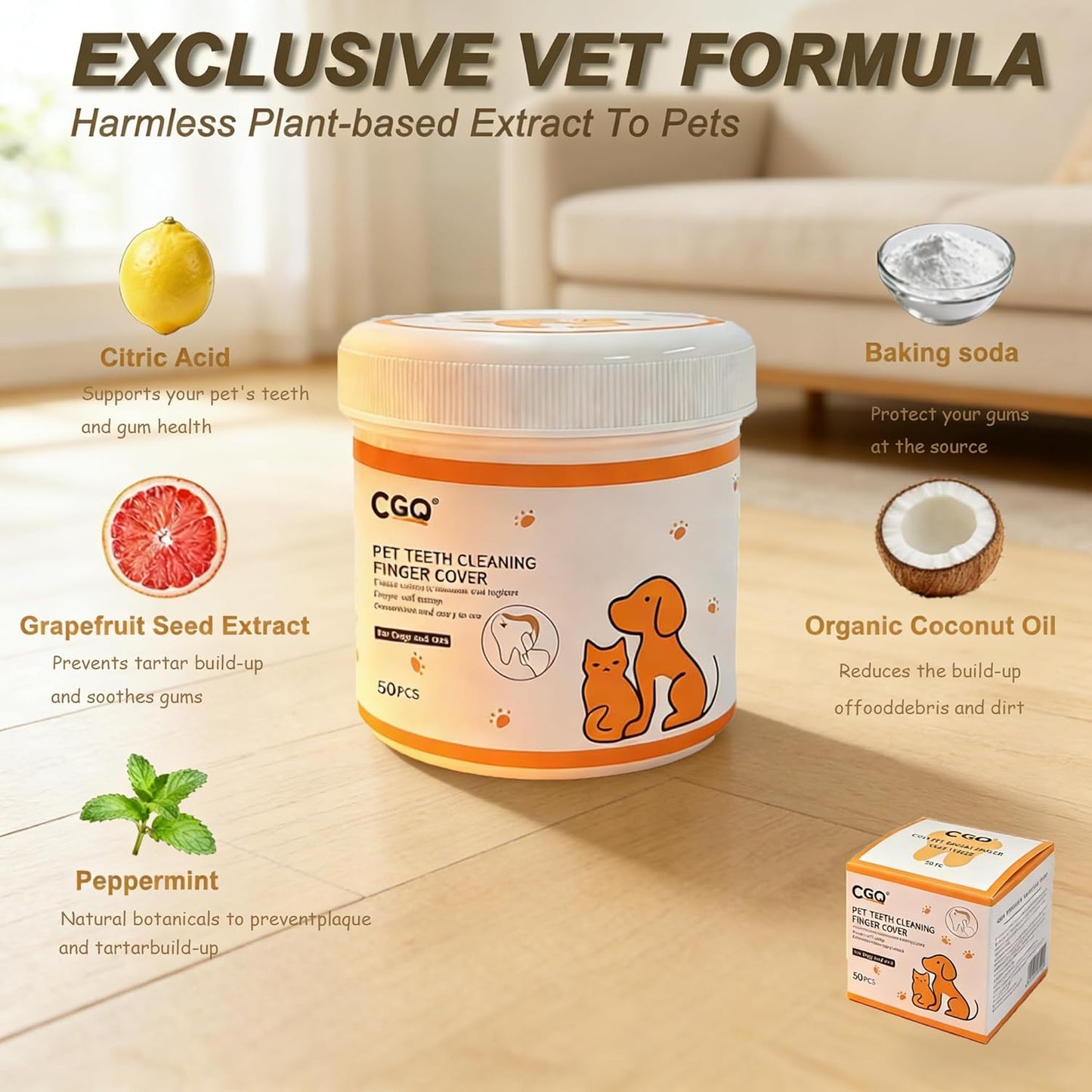 CGO Pet Teeth Cleaning Finger Wipes (50 Count) - Soft Dental Finger Covers for Dogs & Cats - Effectively Removes Plaque & Tartar, Freshens Breath - Alcohol-Free, Non-Irritating Oral Care Routine