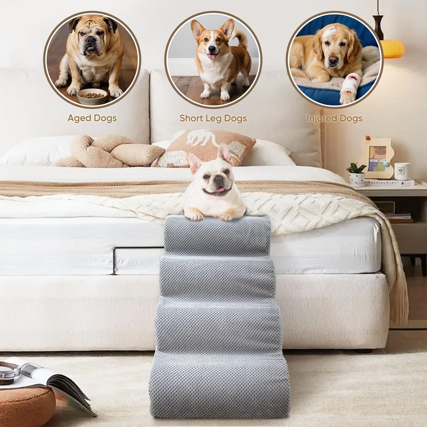 PAWSCRAT Pet Stairs for Dogs 4-Step, 19.6" H Pet Stairs for High Bed, Couch Sofa & Chair, 30D Material Soft Foam Dog Steps with Non-Slip Bottom Surface Removable Washable Cover, Grey