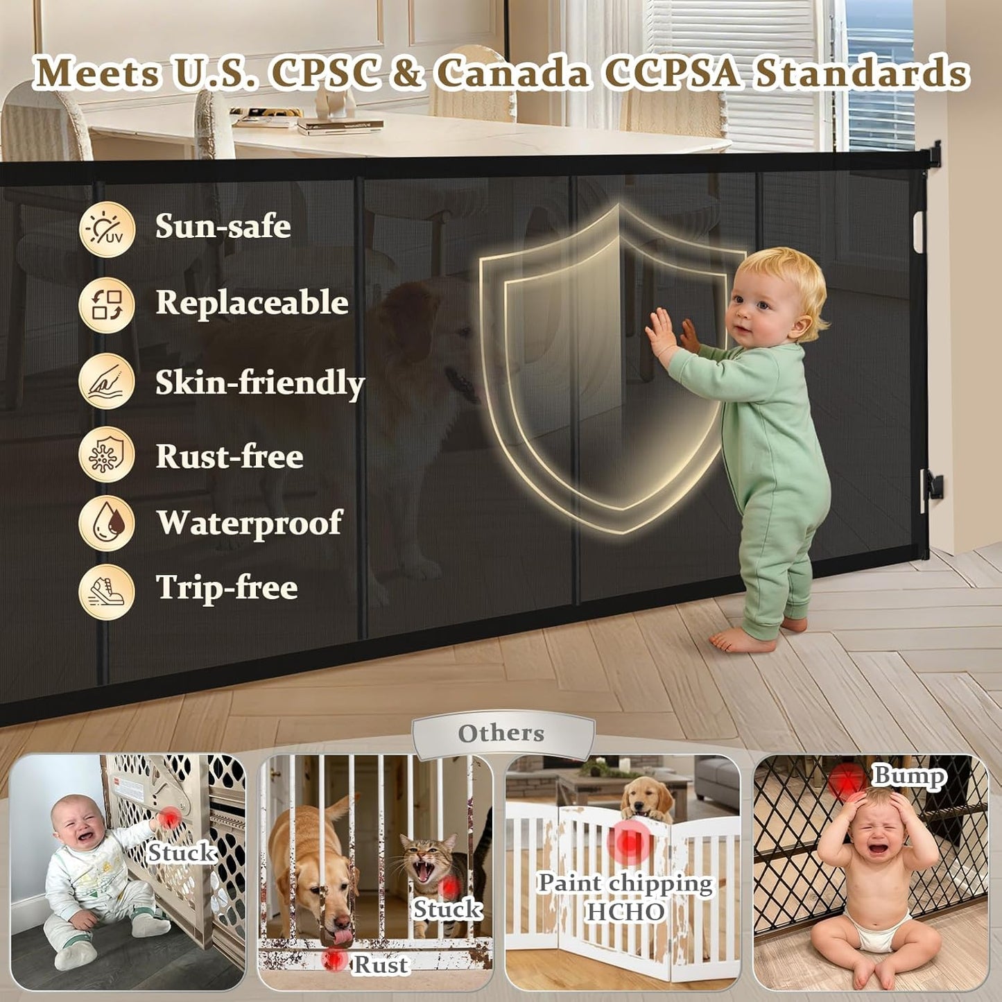Retractable Baby Gates Extra Wide 200 Inch, 42 Inch Tall Mesh Dog Gate with Reinforcement Rods, Hardware Mounted Safety Gate for Large Openings, Stairs, Garage, Deck, Driveway, Indoor Outdoor, Black