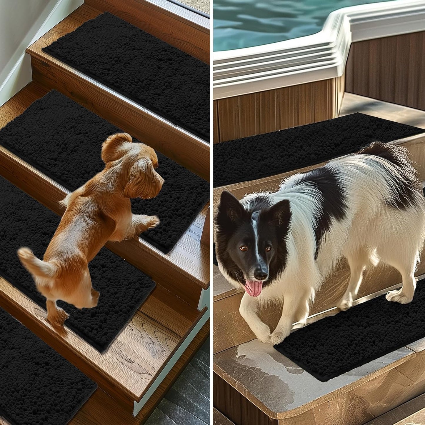 Muddy Mat® Pack of 4 - Soft Chenille Stair Treads Non-Slip Reusable, Super Absorbent Stair Treads for Wooden Steps, Tile & Marble Floor, Easy to Install & Machine Washable - Grey 30'' x 7''