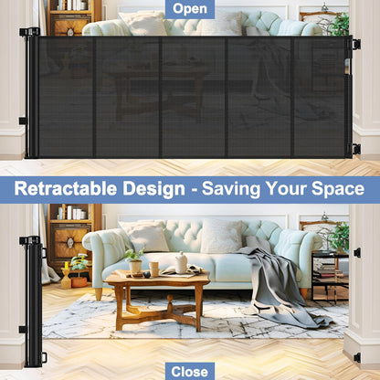 Reinforced 90 Inch Retractable Baby Gates Extra Wide Baby Gate with Reinforced Strips, 7.5ft Long Retractable Dog Gate for The House 33 Inch Tall Extra Long Pet Gates for Wide Openings, Black