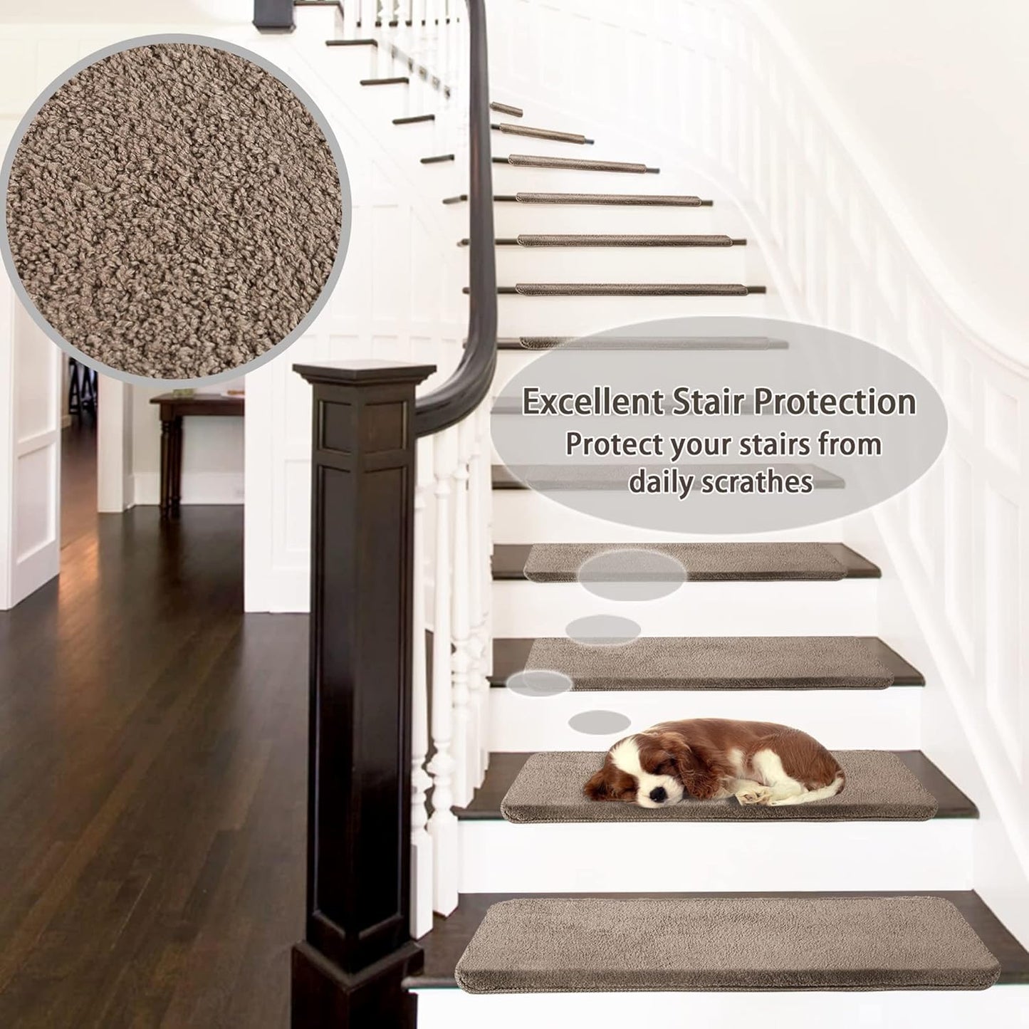 PURE ERA Carpet Stair Treads Ultra Plush 9.5" X 30"Soft Bullnose Indoor Stair Protectors Pet-Friendly Non-Slip Skid Resistant Tape Free Washable Reusable(14 Pieces, Cream Gray)