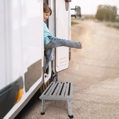 Adjustable Height Aluminum RV Step, Stable Foldable Platform Step Stool, Supports Up to 1,000 lb, Non-Slip Rubber Feet and Platform Mat, Easy to Carry (Black)