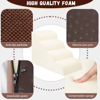 Dog Stairs for Small Dogs - High Density Foam Dog Ramp, Extra Wide Pet Steps with Non-Slip Bottom for High Beds, Couche and Sofa, Best for Pet Injured, Older Dogs Cats (Grey, 4 Steps)
